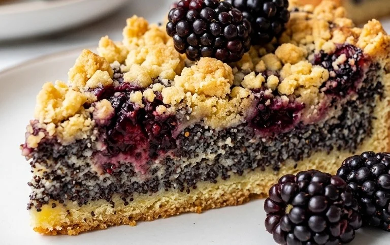 Veganer Brombeer - Mohn - Streuselkuchen