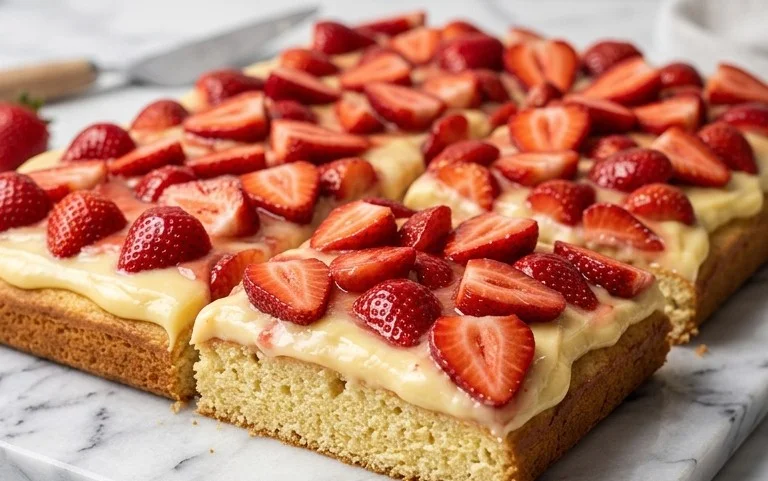 Erdbeerkuchen vom Blech: Sommerlich saftig mit Pudding